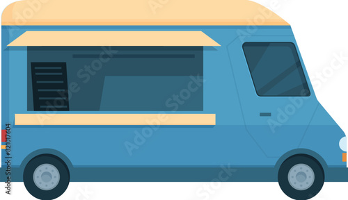 Colorful vector illustration of a blue food truck with a serving window, isolated on white