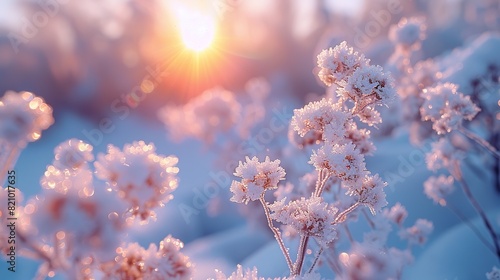 winter season outdoors landscape frozen plants in nature covered with ice and snow under the morning sun seasonal background for christmas wishes and greeting card.stock photo photo