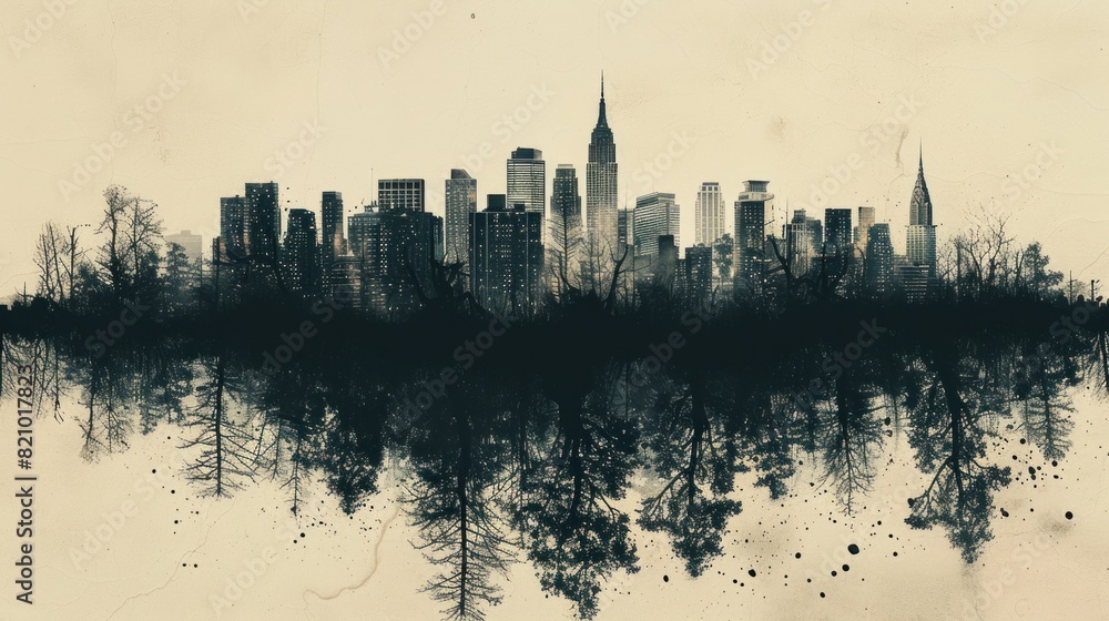 A reverse silhouette of a city skyline with roots growing deep into the ground A reverse silhouette of a city skyline with roots growing deep into the ground