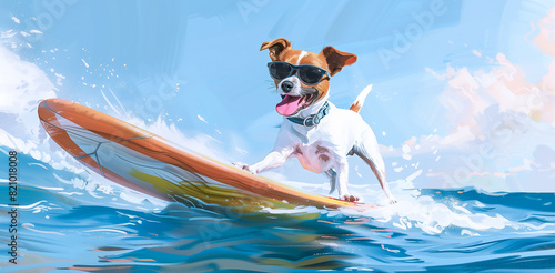 A Jack Russell terrier dog riding an orange surfboard on the sea waves wearing sunglasses. Active leisure. Illustration. Banner with copy space © Irina