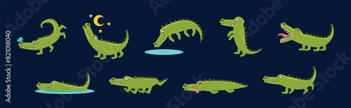 Cute Green Crocodile Animal Engaged in Different Activity Vector Set