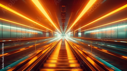 A long moving walkway in an airport terminal with orange and yellow lights . 