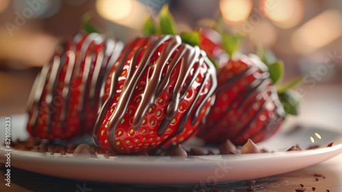 Strawberries drizzled with chocolate on a white plate.
