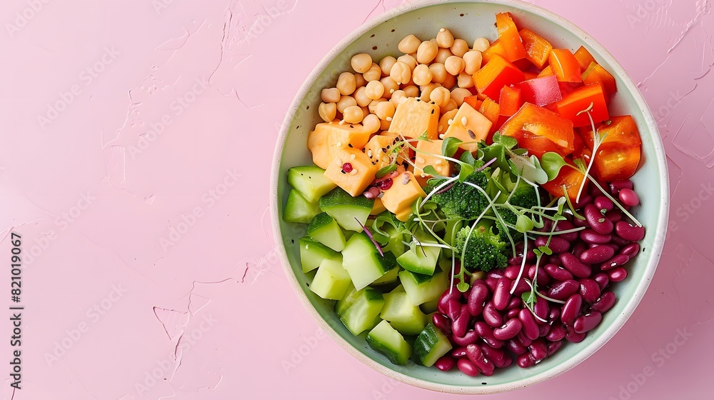 A colorful bowl filled with vibrant vegetables, beans and avocado on a pastel pink background.
A colorful bowl filled with vibrant vegetables, beans and avocado on a pastel pink background.
