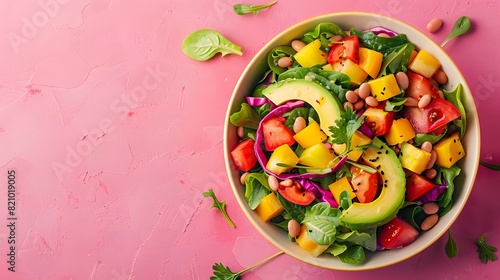 A colorful bowl filled with vibrant vegetables, beans and avocado on a pastel pink background. 