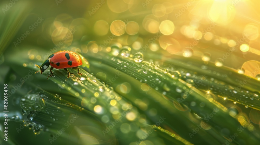 Close-up of a ladybug sitting on a dewy green leaf in the morning sunlight. Close-up of a ladybug sitting on a dewy green leaf in the morning sunlight.
