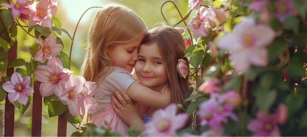 Fototapeta premium Happy Sisters Enjoying a Sunny Day in the Park Surrounded by Flowers