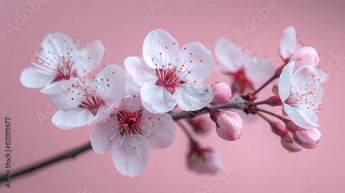 Award Winning National Geographic rule of thirds, photograph of a delicate cherry blossom branch in full bloom, minimalist, plain soft pink background, ultra realistic photo, cente