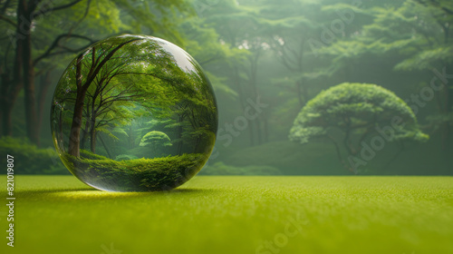 Award Winning National Geographic rule of thirds, photograph of a delicate glass orb reflecting a lush forest scene, minimalist, plain emerald green background, ultra realistic pho