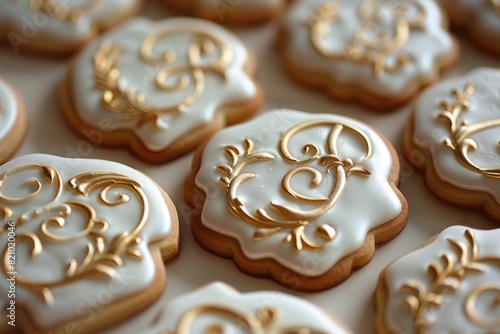 A batch of elegant monogrammed cookies decorated with gold leaf accents and intricate piping, personalized with the initials of the bride and groom for a sophisticated wedding favor.
