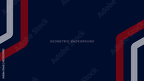 Dark blue background with modern red and white curved lines. Abstract presentation background with space for your text
