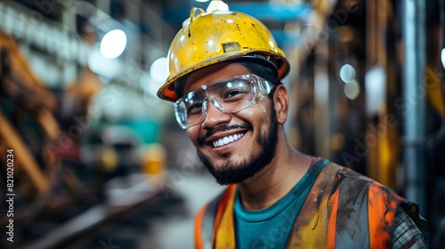 Portrait of a smiling worker with safety glasses and helmet in a factory. 