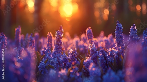 The sun is setting  casting warm hues over the vibrant purple hyacinths in full bloom on an enchanted meadow. 