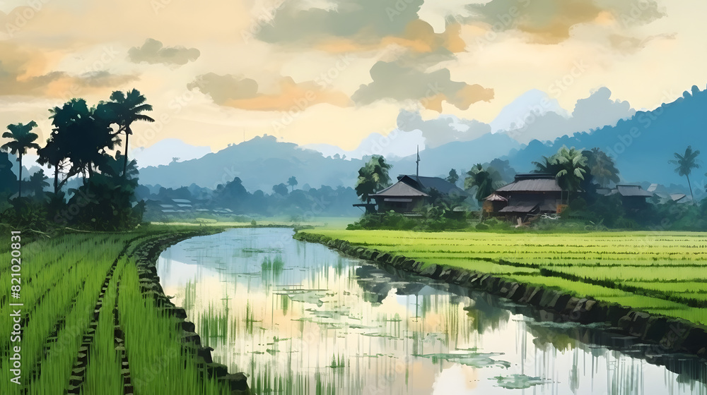 Rice fields watercolor