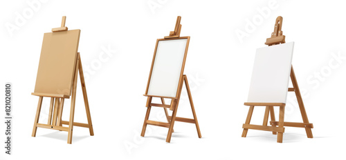 Wooden easel stand with an art board vector mockup. 3D painter's canvas tripod for displaying artist's drawings in a gallery exhibition. Wooden Easel Stand with Art Board - Realistic Vector Mockup.