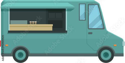 Flat design vector illustration of a turquoise food truck with service window