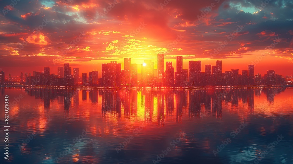 Fototapeta premium skyscrapers at sunset graphic perspective of buildings and reflections on water abstract architectural background for financial corporate and business brochure template.illustration