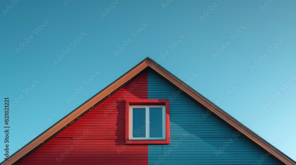 Red and blue roof of a house in minimalistic modern style.