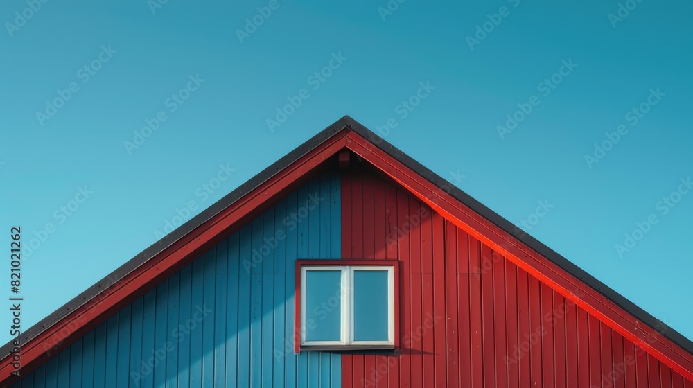 Red and blue roof of a house in minimalistic modern style.