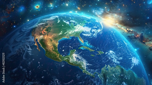 satellite view of planet earth focused on north america usa canada mexico and central america deep space and star constellations behind elements of this image furnished .illustration stock image photo