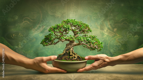 Award Winning national geographic Two hands carefully tending to a bonsai tree, symbolizing patience and cultivation, right in frame against a plain nurturing green background, wit