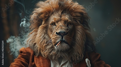 Fototapeta Naklejka Na Ścianę i Meble -  lion dressed in an elegant suit standing as a leader smoking a cigarette fashion portrait of an anthropomorphic animal feline lion posing with a charismatic human attitude.stock image