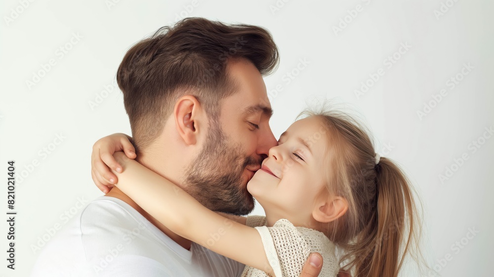 Dad is kissing his little daughter, the kid is hugging her dad, father's day concept, copy space, happy loving family, smiling child, white background. Dad is kissing his little daughter, the kid is hugging her dad, father's day concept, copy space, happy loving family, smiling child, white background.