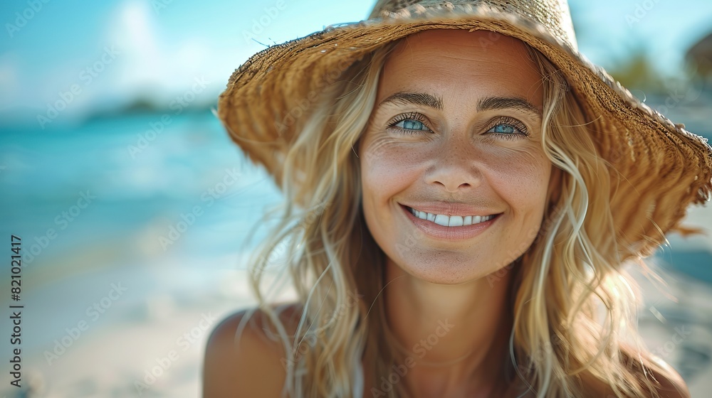 smiling mature woman at the beach happy natural relaxed and free lifestyle enjoying sunny and windy weather breathing ocean air.stock photo smiling mature woman at the beach happy natural relaxed and free lifestyle enjoying sunny and windy weather breathing ocean air.stock photo