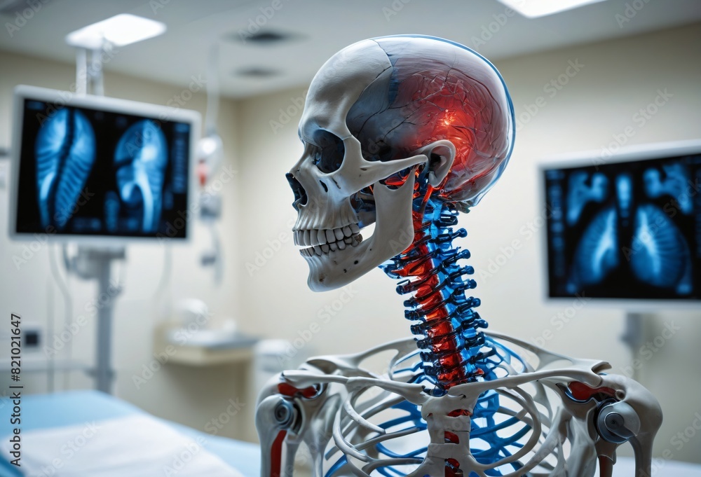 Fototapeta premium Skeletal Anatomical Model with Medical Monitoring Equipment