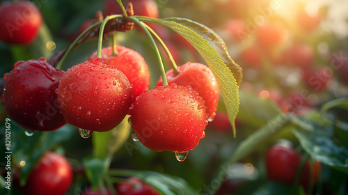 Ripe cherries with rain droplets on cherry tree in an orchard. Fruit plantation, blurred background