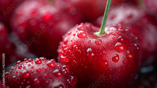 Fresh delicious cherries background. Close-up wet red berries with water drops. sweet fresh wet red cherry, macro image