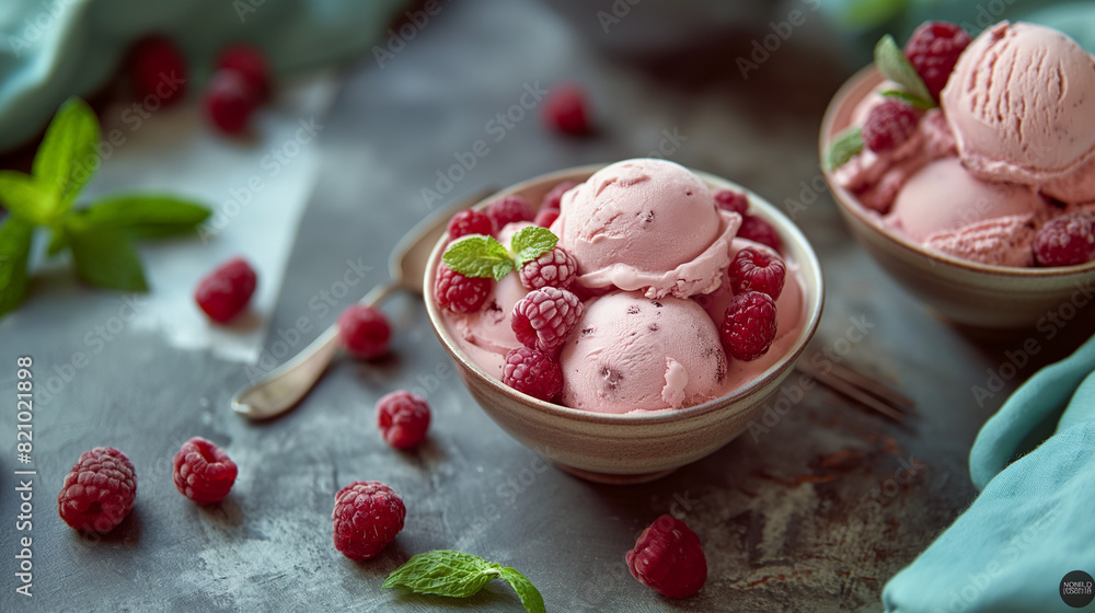 Raspberry ice cream in white bowl Raspberry ice cream in white bowl