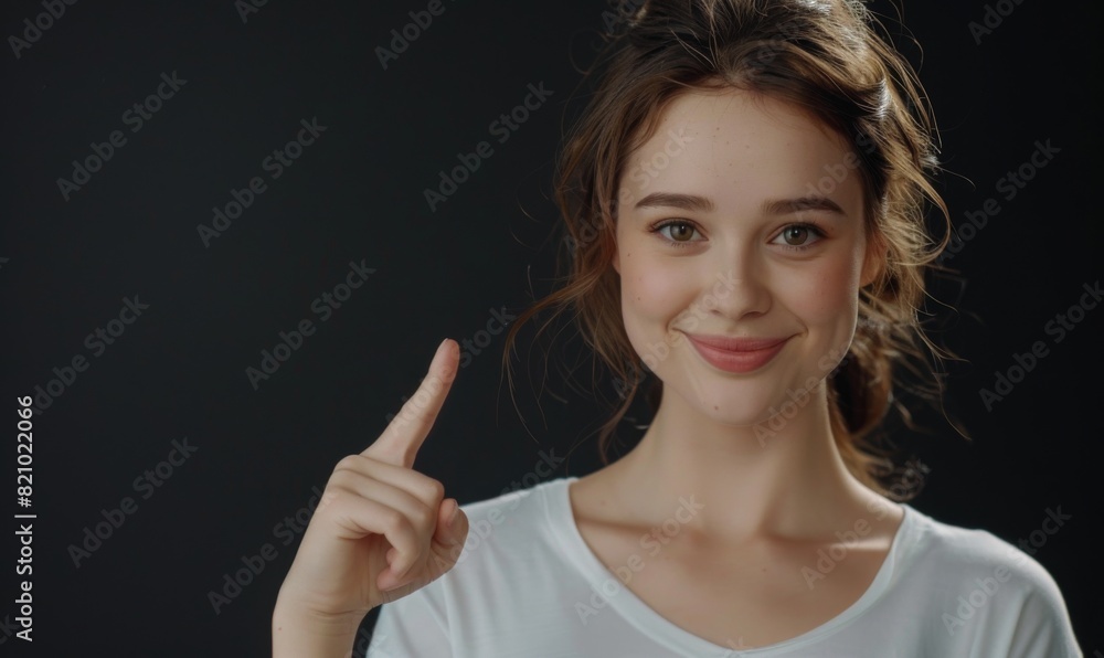 Fototapeta premium Waist up shot of pretty Caucasian woman with cheerful expression, points with index finger at blank copy space. 