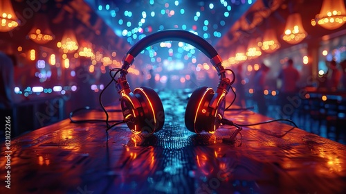 The nightclub floor gleamed with illuminated DJ headphones, beckoning partygoers to the dance floor..stock image