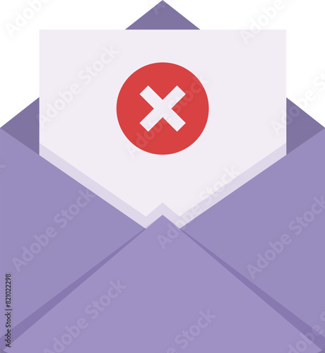 Illustration of a red cross email error notification icon symbolizing failed message delivery issue with a flat design vector graphic concept for online communication user interface depicting problema