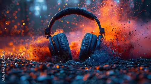 Dazzling stereo headphones burst into a vivid explosion of colorful dust and vibrant light, pulsating with the rhythmic beats of music, primed for a festive celebration..illustration stock image photo