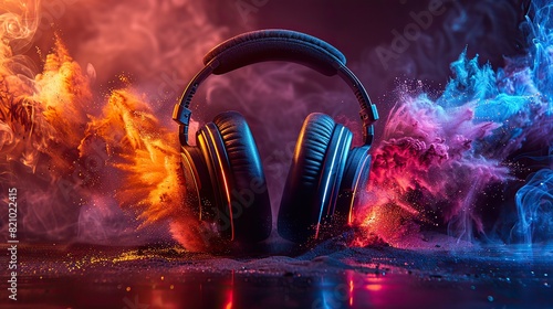 Dazzling stereo headphones burst into a vivid explosion of colorful dust and vibrant light, pulsating with the rhythmic beats of music, primed for a festive celebration..stock photo