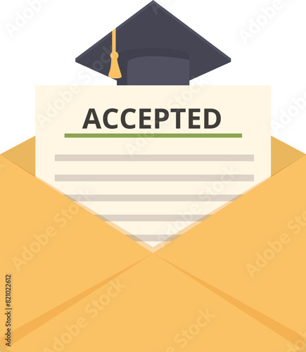 Flat design vector illustration concept of graduation acceptance letter symbolizing academic success. Achievement. And scholarly attainment in higher education with cap. Diploma. And certificate