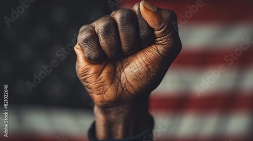 The upraised fist of African Americans before an American flag symbolizes a defiant call to action against racial injustice.stock photo photo