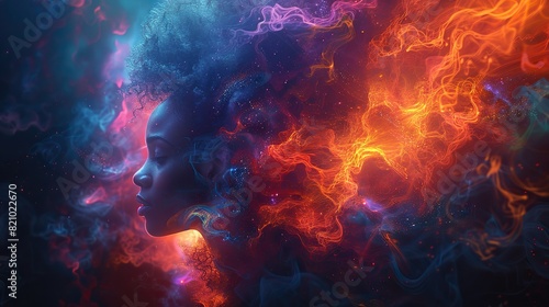 An African woman immersed in a vibrant symphony of sound, her emotions swirling in a kaleidoscope of colors and abstract lights that dance upon her hair against the black void..illustration