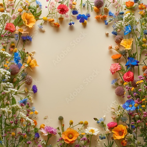 Wildflower Frame on Earthy Beige Background Delicate Botanical Home Decor