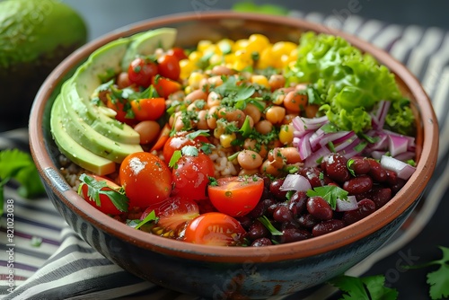 Appetizing Salad Bowl with Avocado, Cherry Tomatoes, and Grains