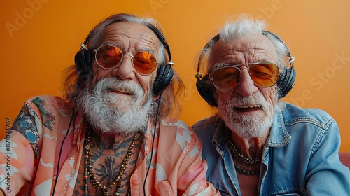 A sprightly hippie and groovy grandpa flaunt their tattoos and headphones, rocking out to music and living life to the fullest with vibrant enthusiasm.illustration photo