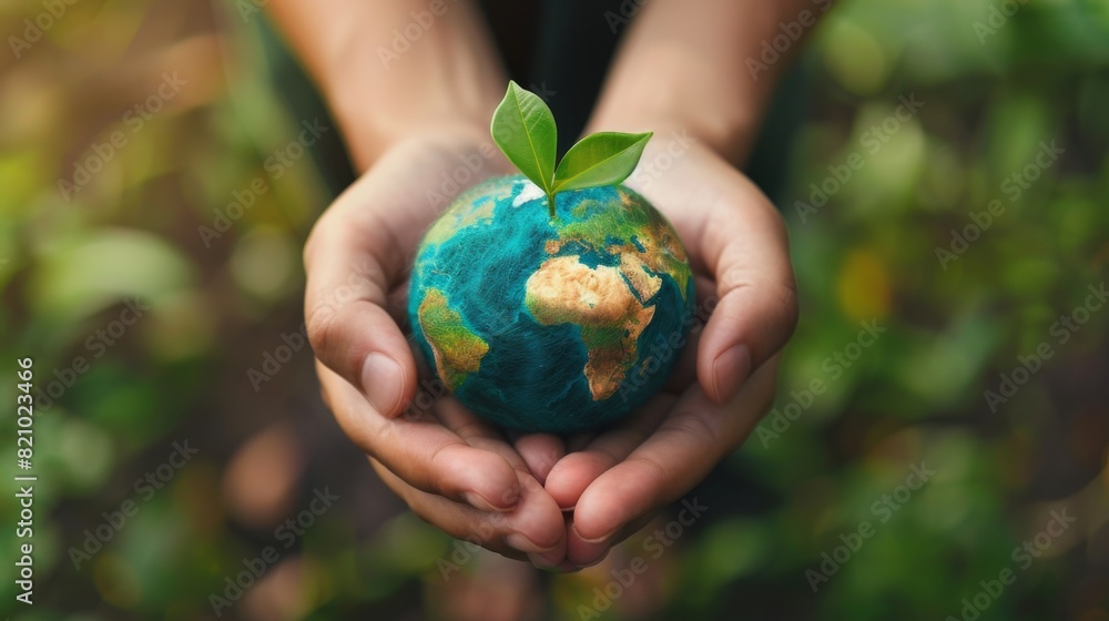 Close-up of hands holding a small globe and a green leaf symbolizing environmental care. Close-up of hands holding a small globe and a green leaf symbolizing environmental care.