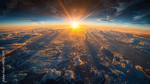 A satellite image of North America and Canada captured from a high altitude reveals the sunrise breaking through clouds..illustration