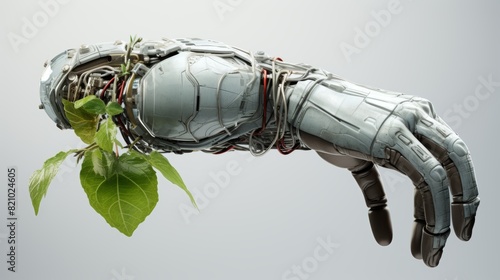 Futuristic robot hand holding artificial green apple flower for science advancements