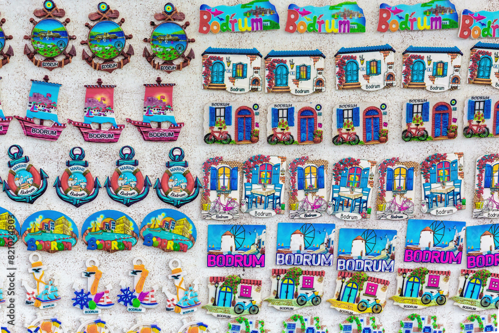 Fototapeta premium Colorful collection of Bodrum themed souvenir magnets featuring nautical and architectural designs, perfect for travel and souvenir advertising. Bodrum, Mugla, Turkey (Turkiye)