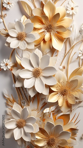 3d golden flowers on a marble background bright challenging colors wallpaper