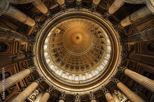The majestic dome of the Pantheon in Paris, seen from below with intricate details