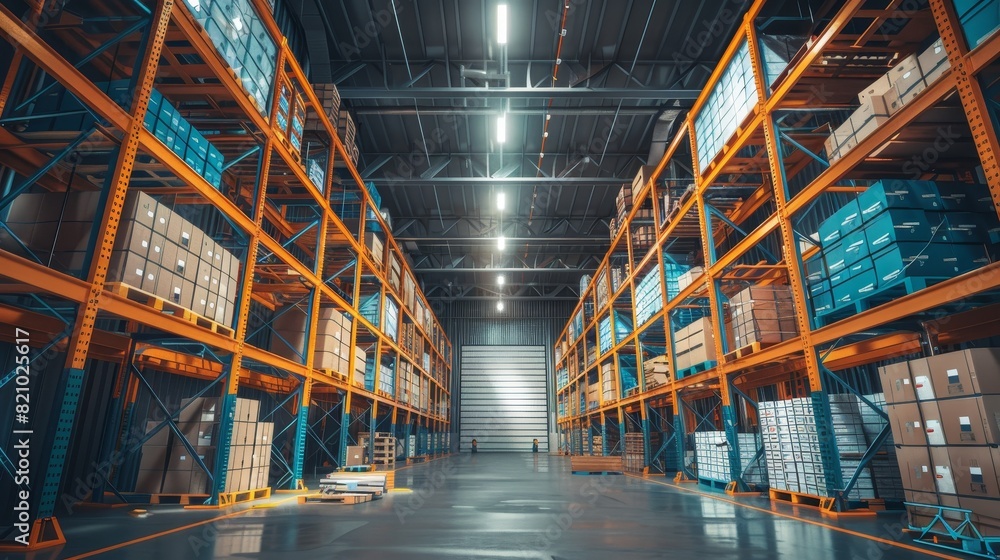 Fototapeta premium A large warehouse with many boxes and pallets